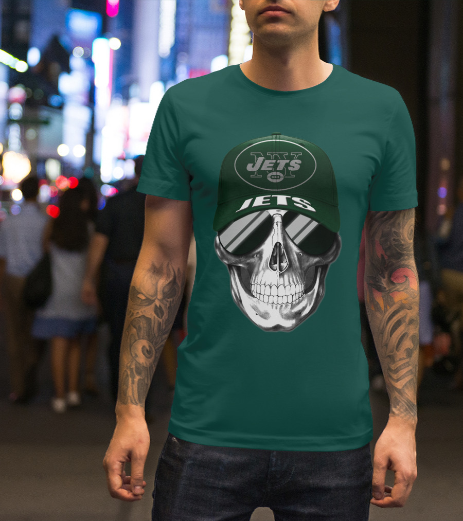 New York Jets Skull With Cap And Sunglasses T-Shirt