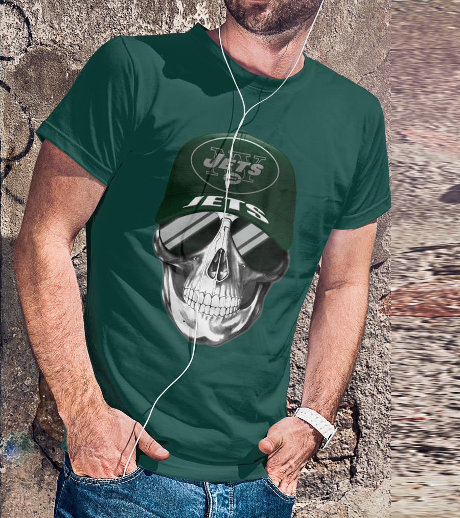 New York Jets Skull With Cap And Sunglasses T-Shirt