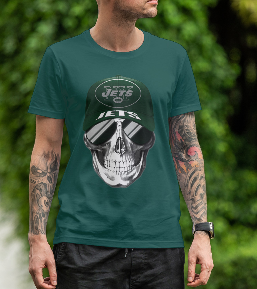 New York Jets Skull With Cap And Sunglasses T-Shirt