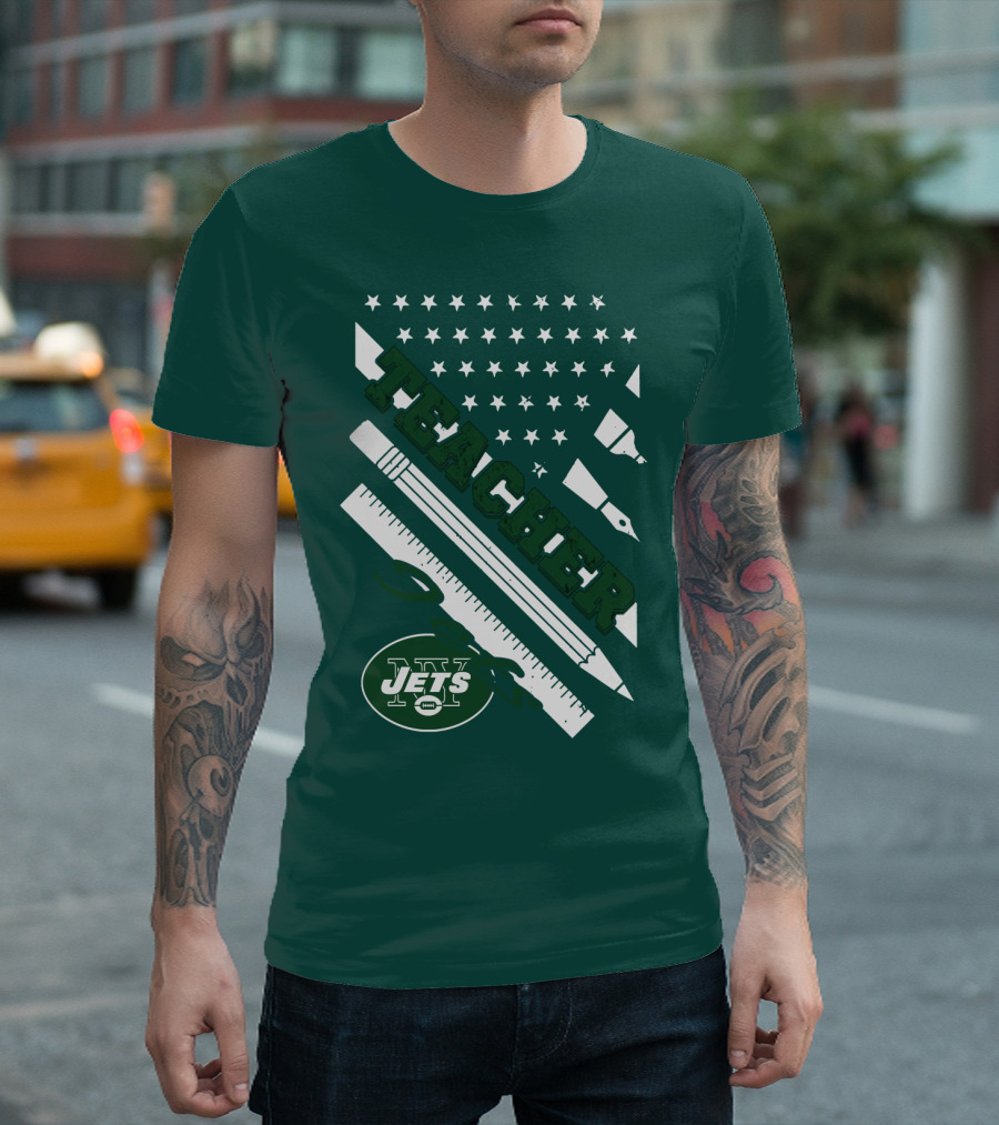 New York Jets Teacher Football Enthusiast American Flag And School Supplies T-Shirt