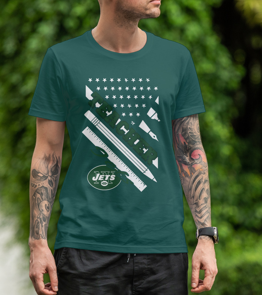 New York Jets Teacher Football Enthusiast American Flag And School Supplies T-Shirt