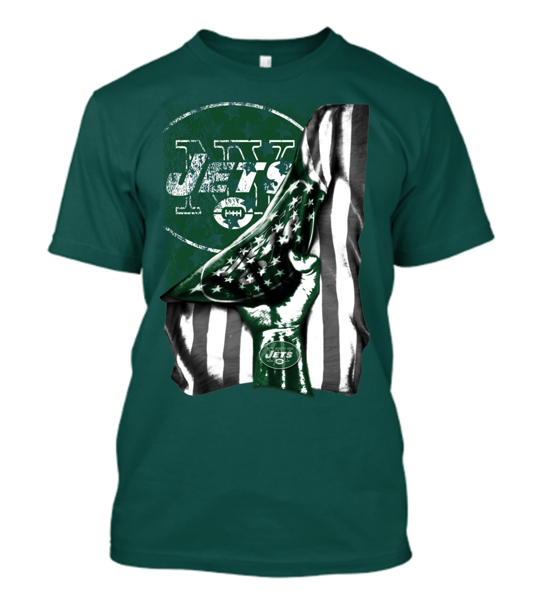 New York Jets Logo With Green And White American Flag And Number One Foam Finger T-Shirt