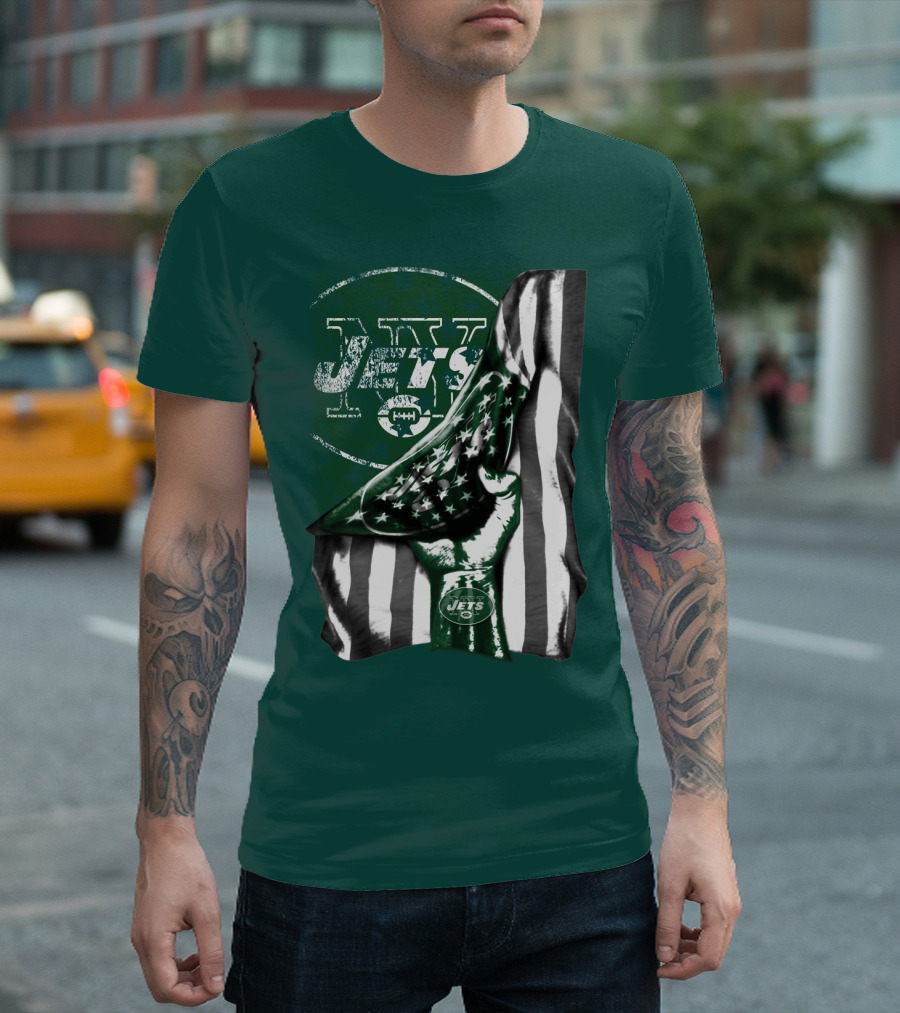 New York Jets Logo With Green And White American Flag And Number One Foam Finger T-Shirt