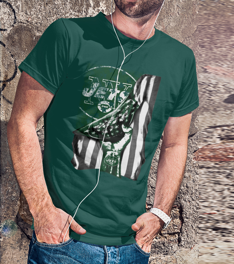 New York Jets Logo With Green And White American Flag And Number One Foam Finger T-Shirt