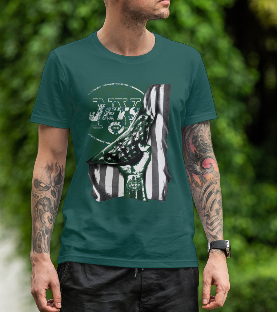 New York Jets Logo With Green And White American Flag And Number One Foam Finger T-Shirt