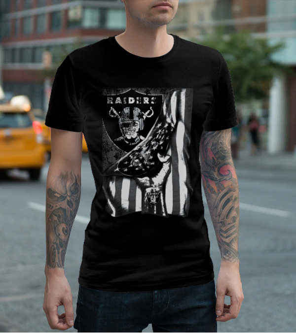 Raiders Shield Helmet And Stars Stripes Black And White Tribute T-Shirt