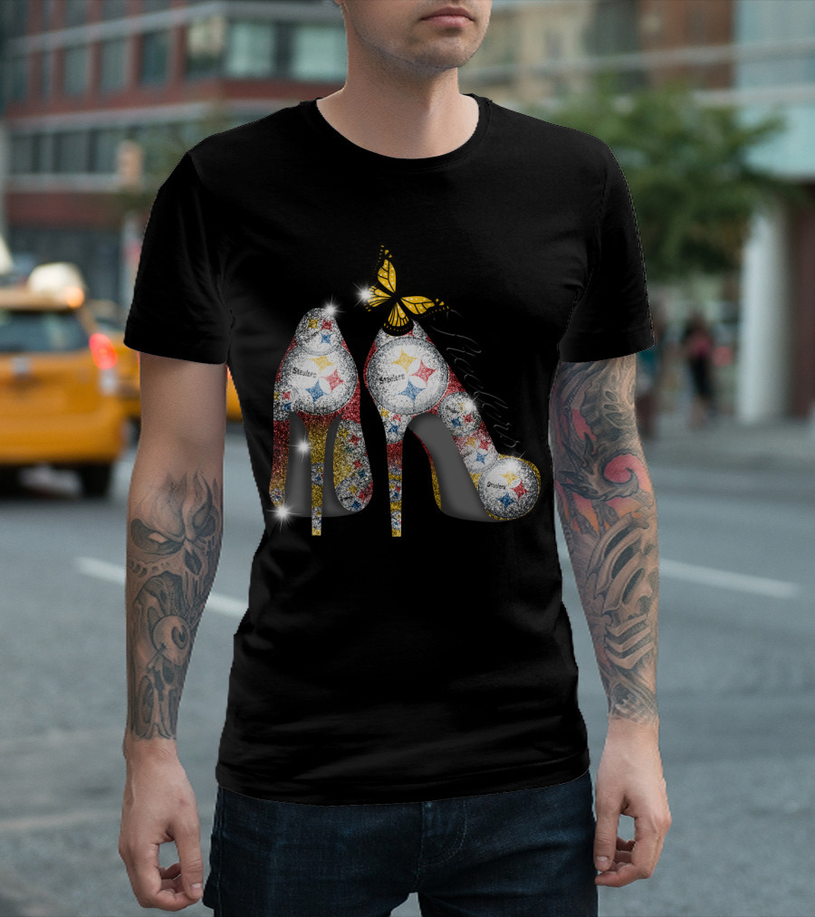 Steelers Pittsburgh High Heels With Yellow Butterfly Sparkle T-Shirt