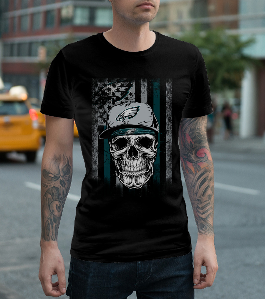Philadelphia Eagles Skull With Hat On Striped T-Shirt