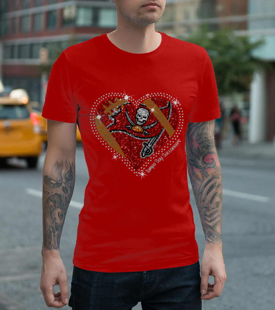 Tampa Bay Buccaneers Heart Logo With Football And Sword Elements T-Shirt