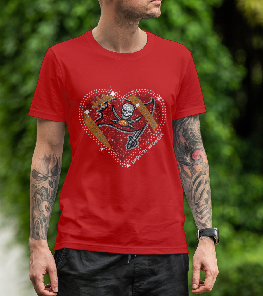 Tampa Bay Buccaneers Heart Logo With Football And Sword Elements T-Shirt