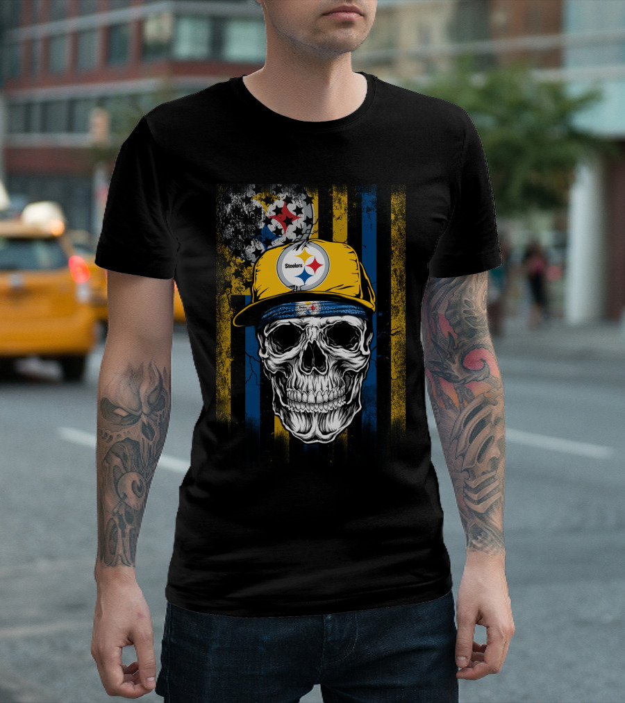 Pittsburgh Steelers Skull With Hat And Black Yellow Stripes T-Shirt