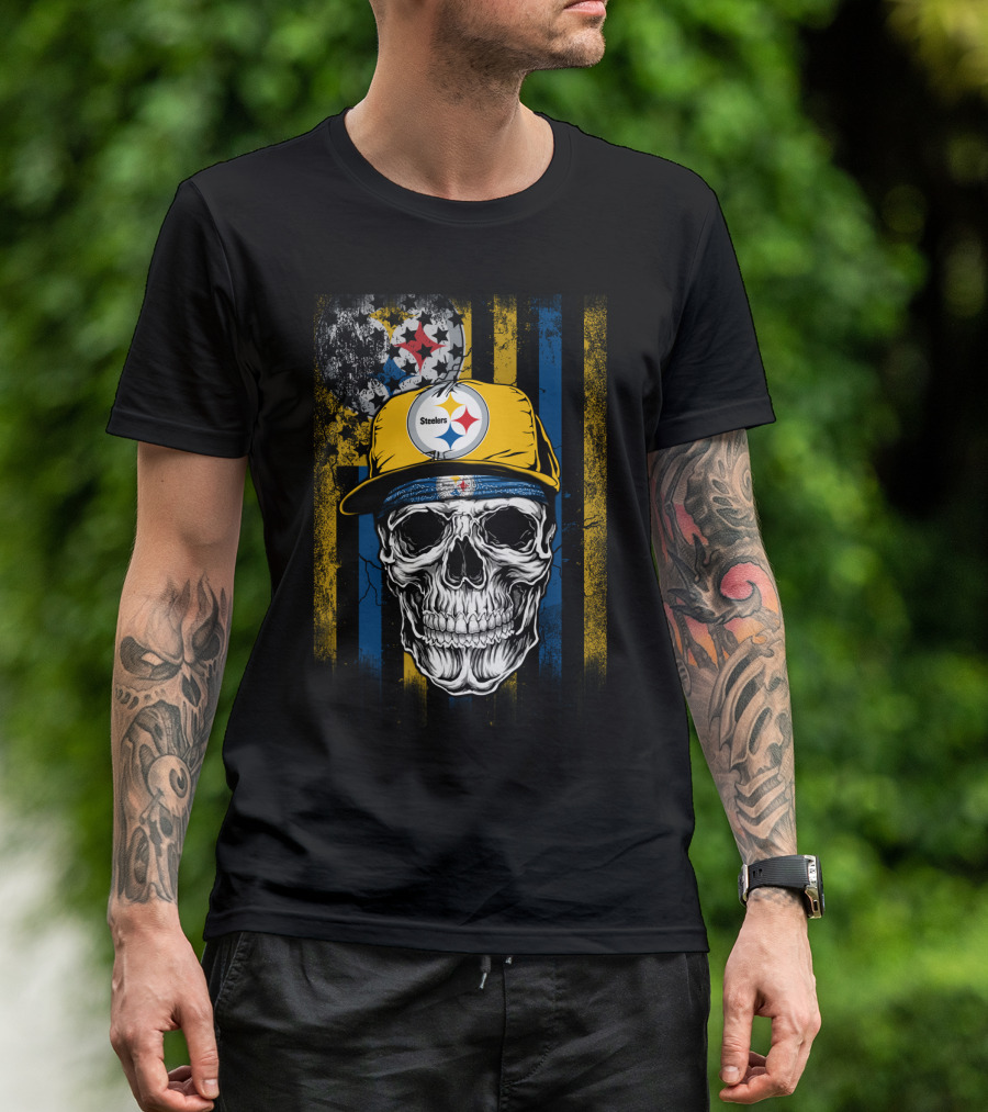 Pittsburgh Steelers Skull With Hat And Black Yellow Stripes T-Shirt