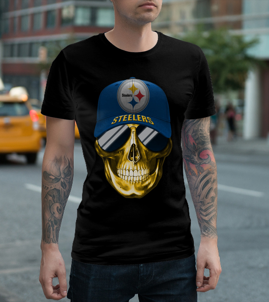 Pittsburgh Steelers Skull Wearing Reflective Sunglasses And Branded Cap T-Shirt