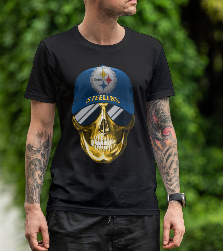 Pittsburgh Steelers Skull Wearing Reflective Sunglasses And Branded Cap T-Shirt