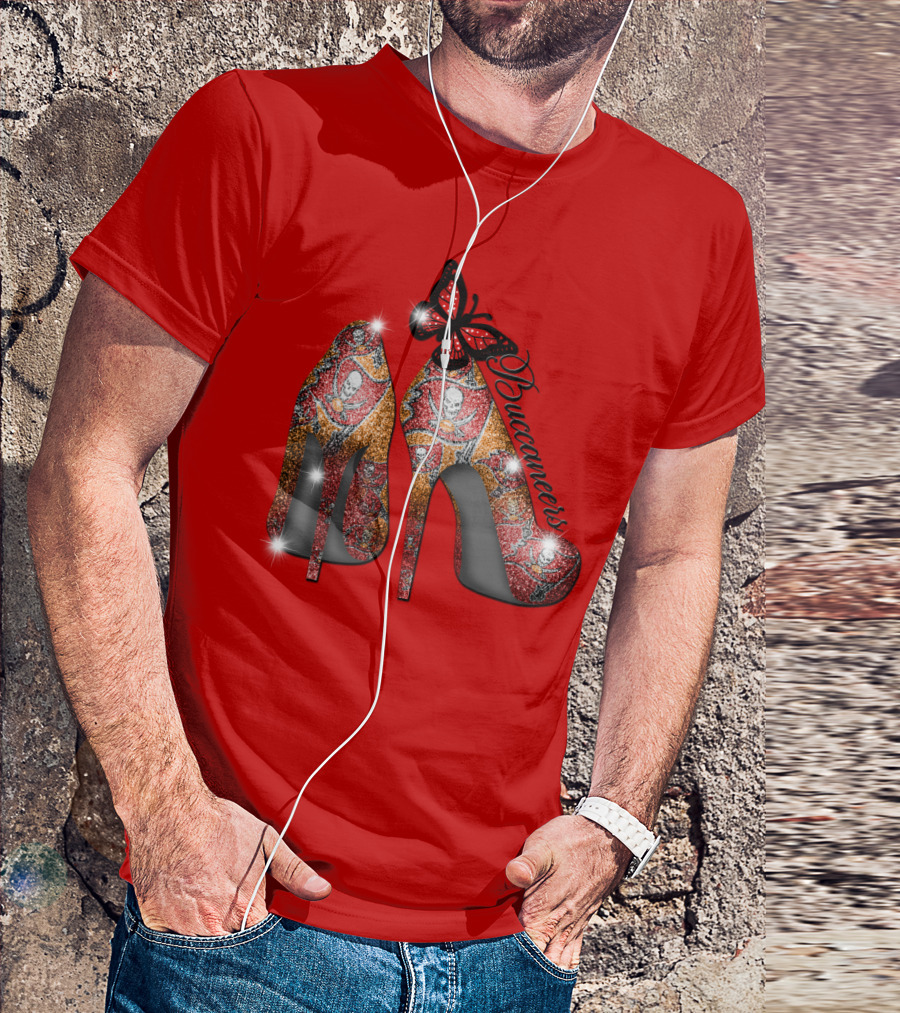 Buccaneers Heels With Red And Gold Skull Pattern Butterfly Accent T-Shirt