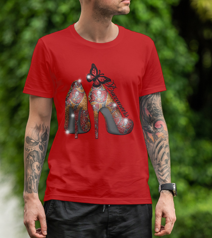Buccaneers Heels With Red And Gold Skull Pattern Butterfly Accent T-Shirt