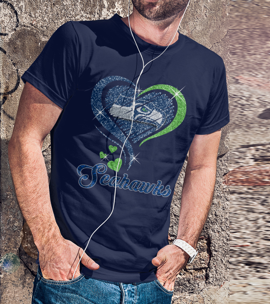 Seahawks Heart Logo With Green And Blue Sparkles T-Shirt