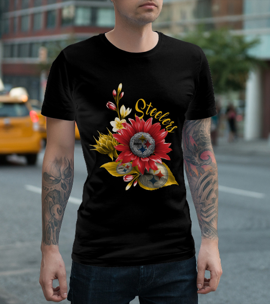 Steelers Floral Emblem With Pittsburgh Steelers Logos And Blooming Flowers T-Shirt
