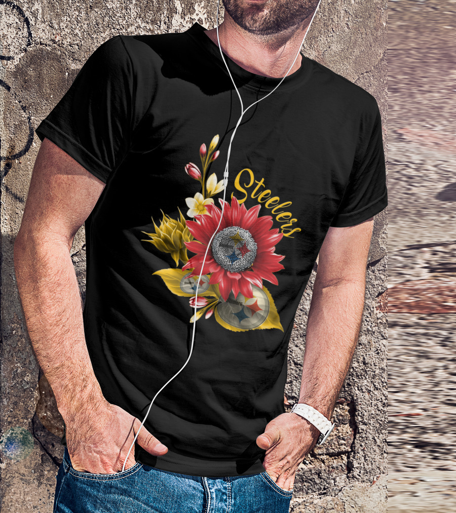 Steelers Floral Emblem With Pittsburgh Steelers Logos And Blooming Flowers T-Shirt