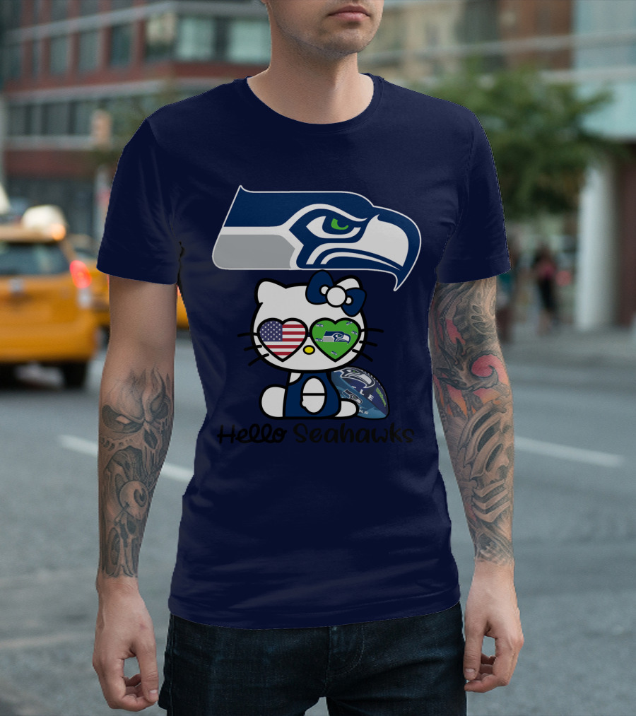 Seattle Seahawks Hello Kitty With Heart Eyes American Flag T-Shirt