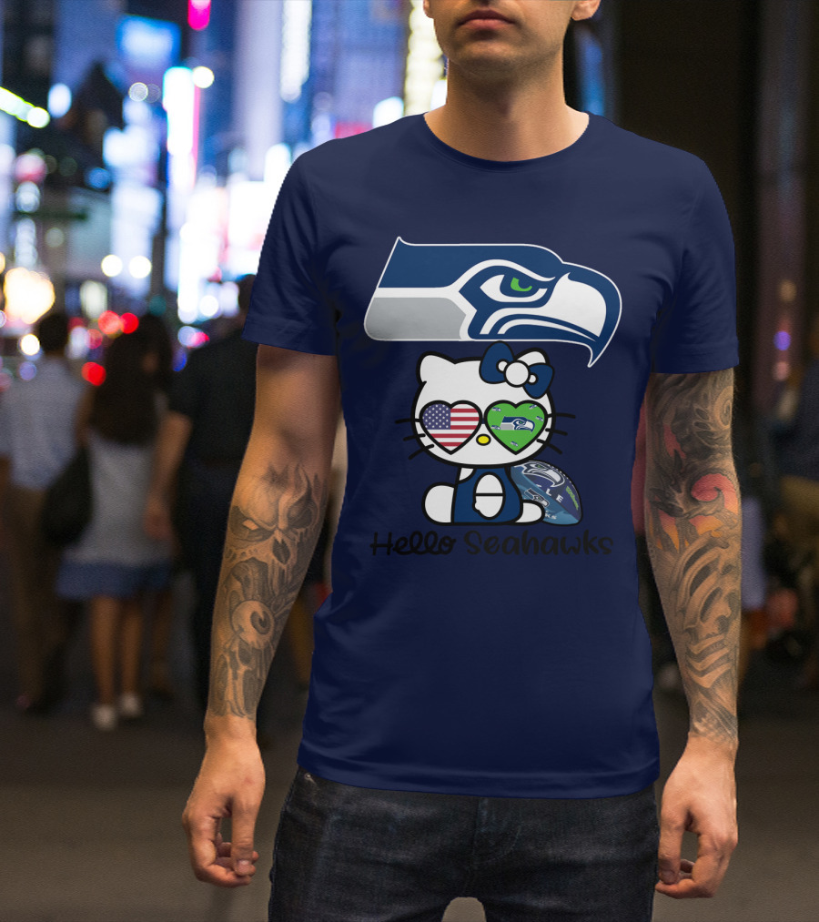 Seattle Seahawks Hello Kitty With Heart Eyes American Flag T-Shirt