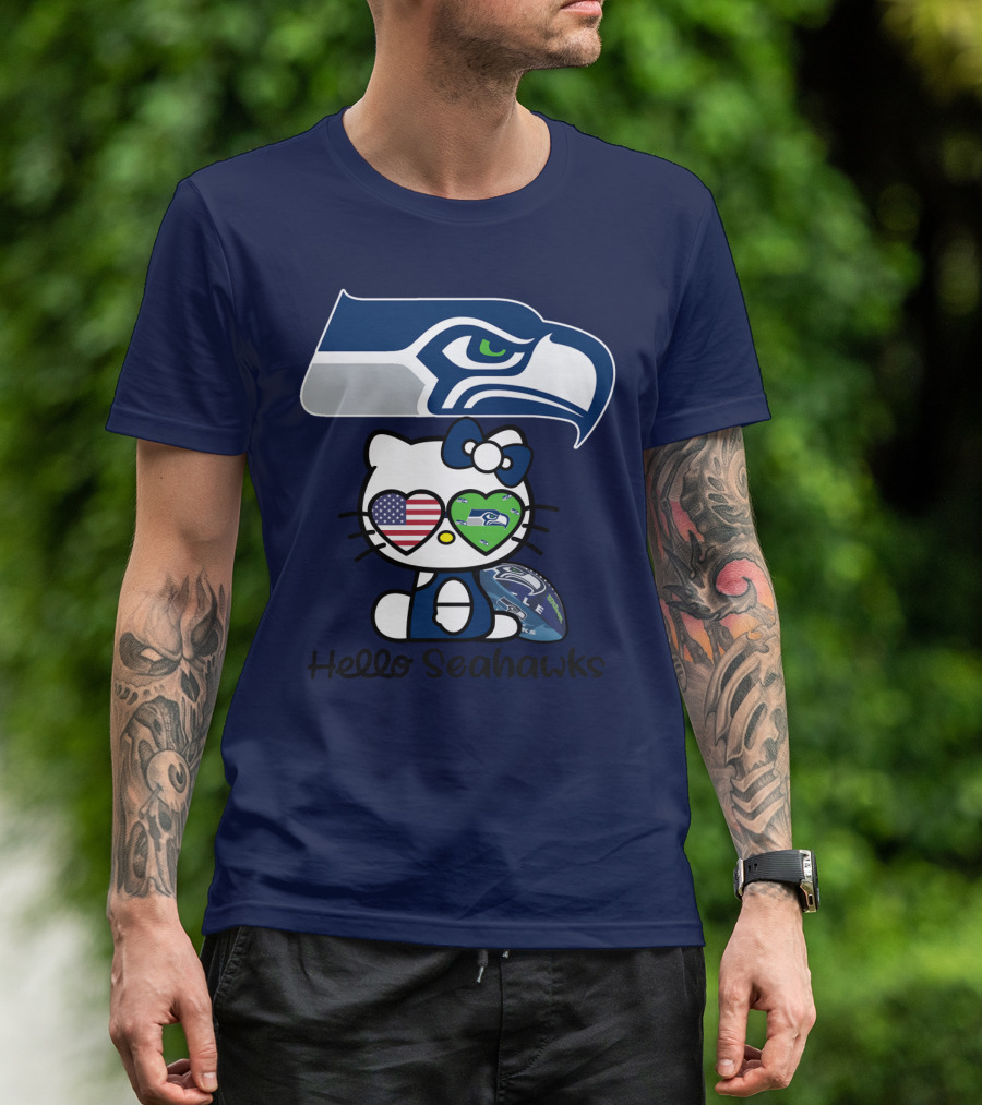 Seattle Seahawks Hello Kitty With Heart Eyes American Flag T-Shirt