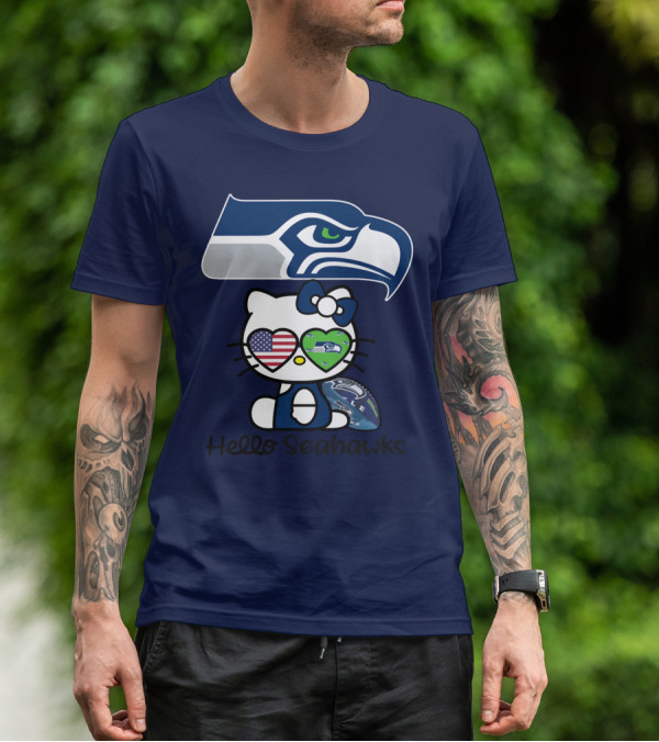 Seattle Seahawks Hello Kitty With Heart Eyes American Flag T-Shirt