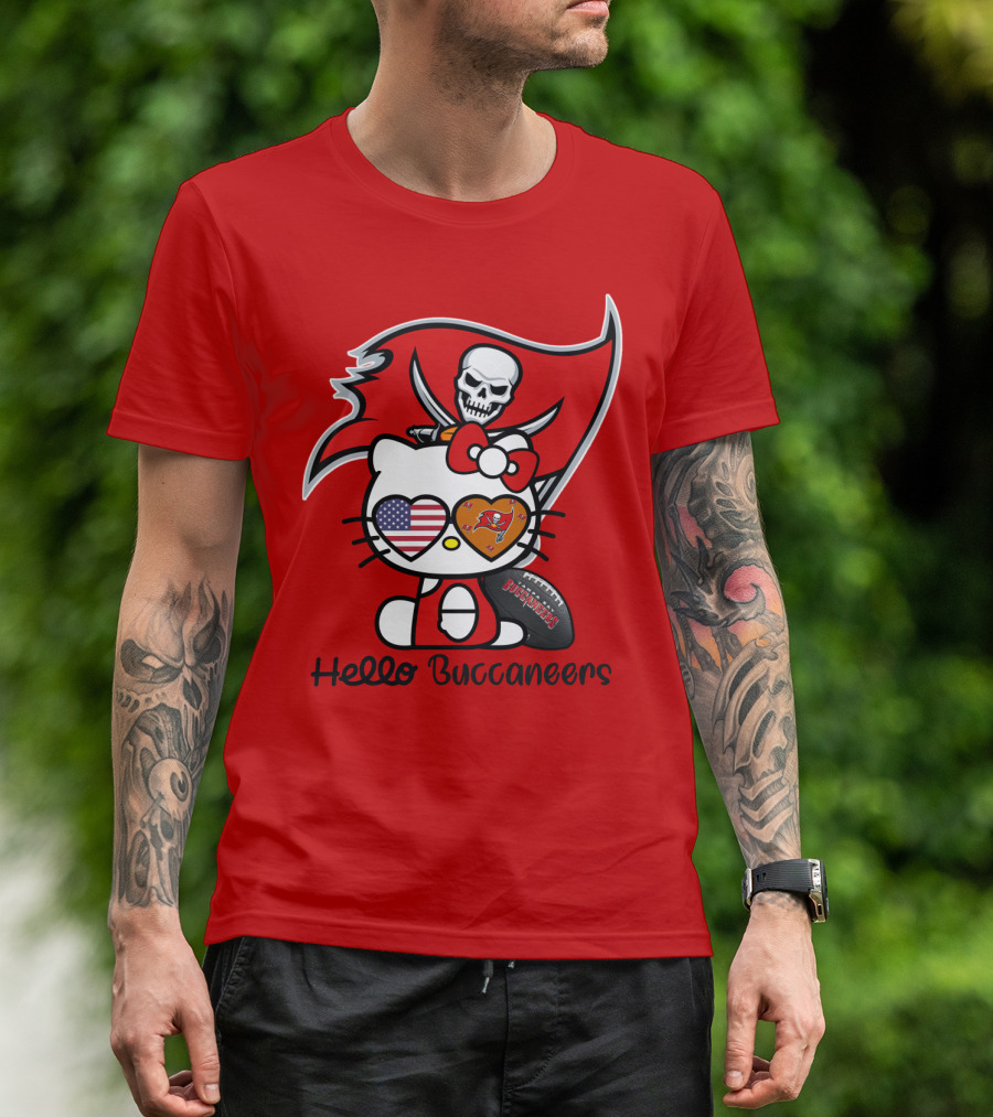 Hello Buccaneers Tampa Bay Buccaneers Football Skull Flag Kitty T-Shirt