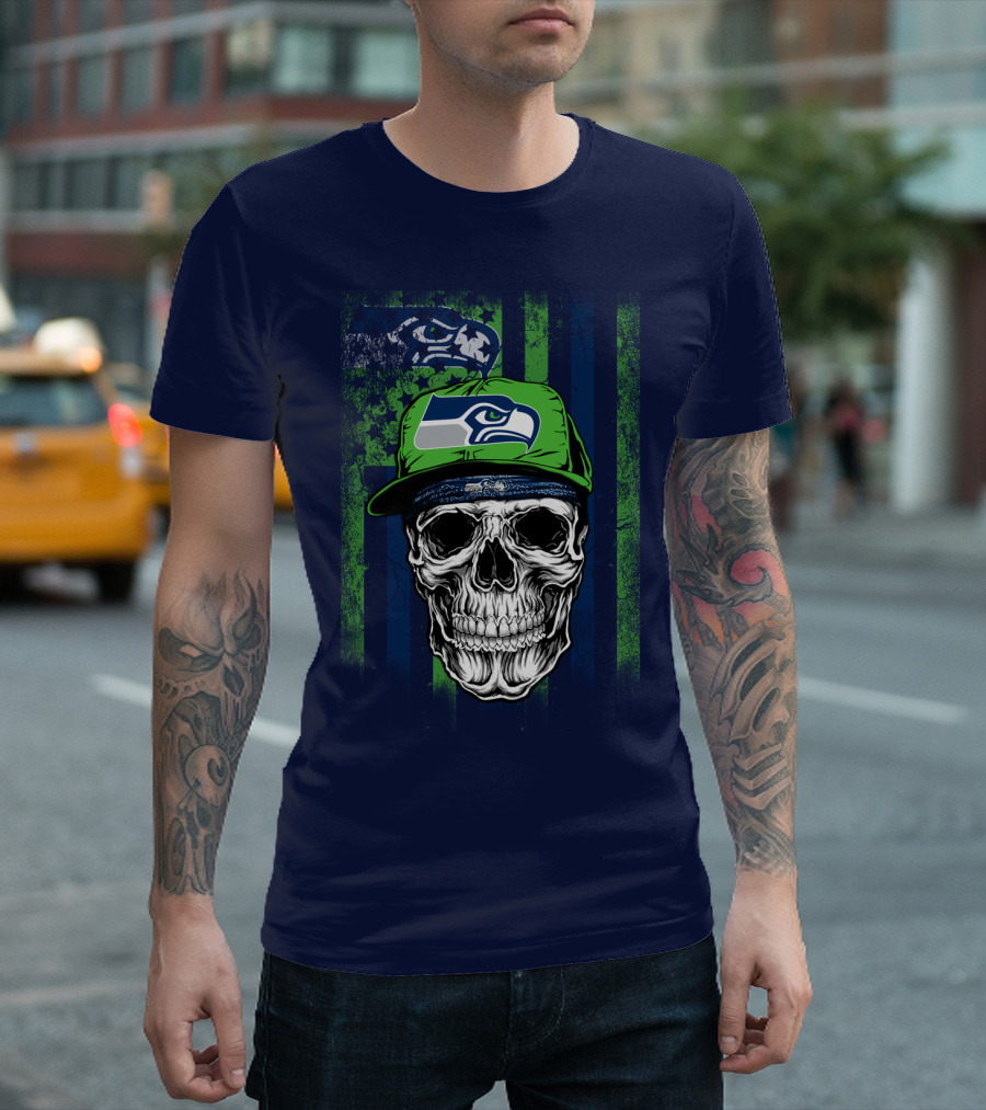 Seattle Seahawks Skull Cap Logo Grunge Style T-Shirt