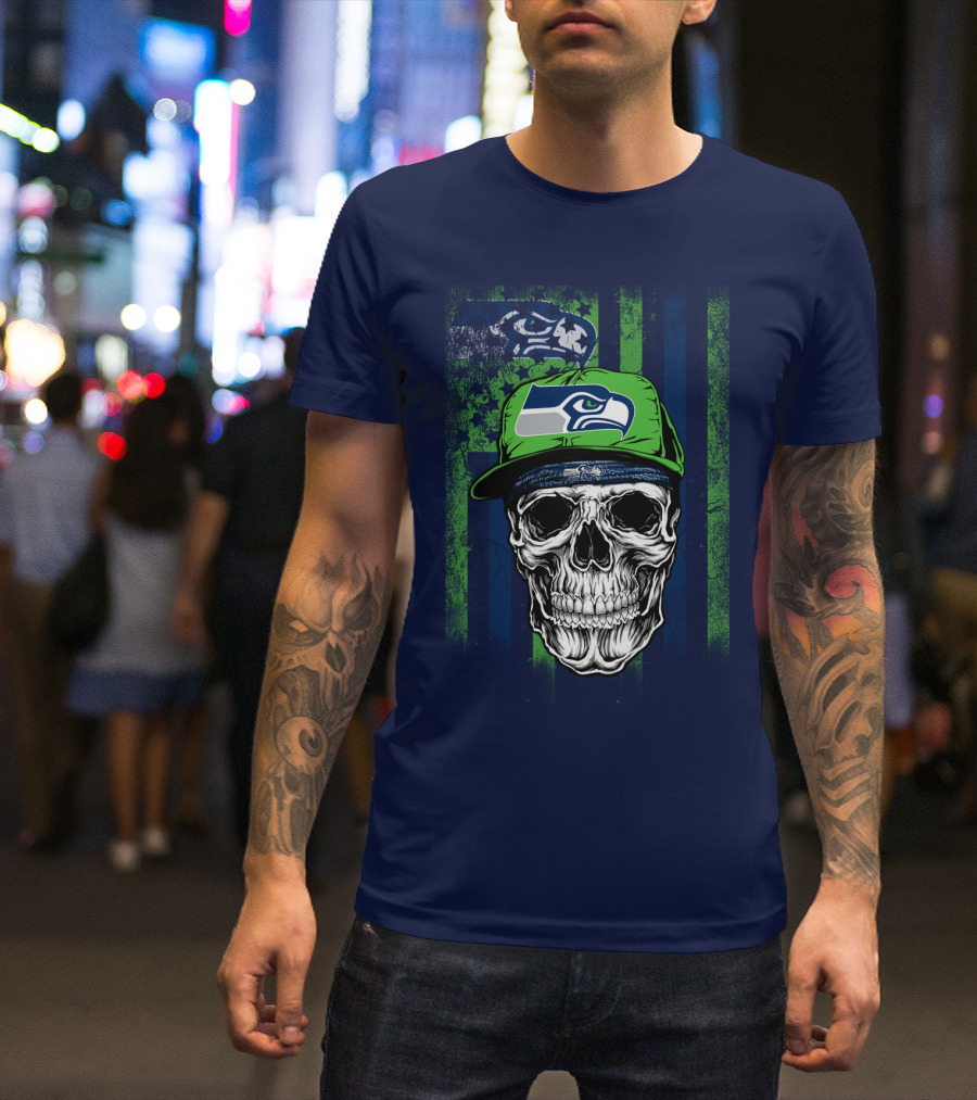 Seattle Seahawks Skull Cap Logo Grunge Style T-Shirt