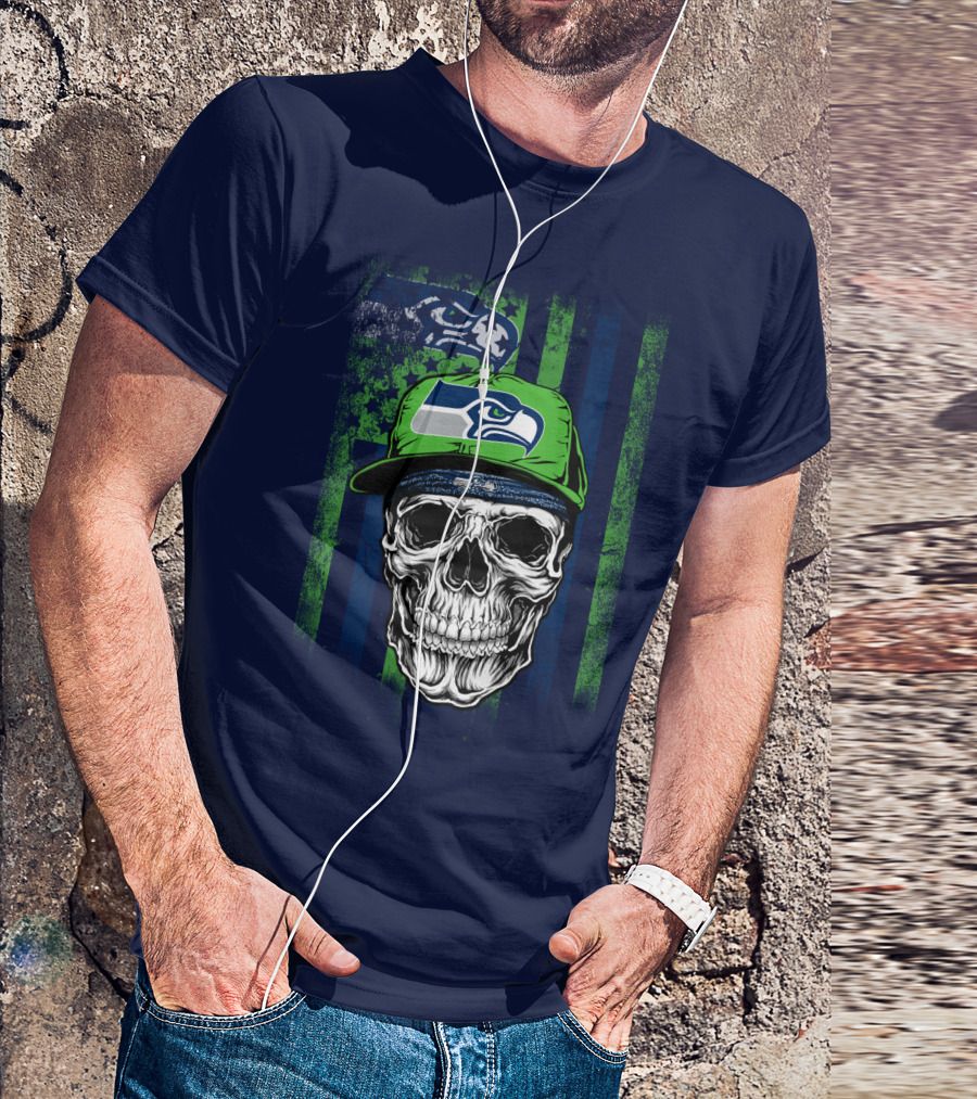 Seattle Seahawks Skull Cap Logo Grunge Style T-Shirt