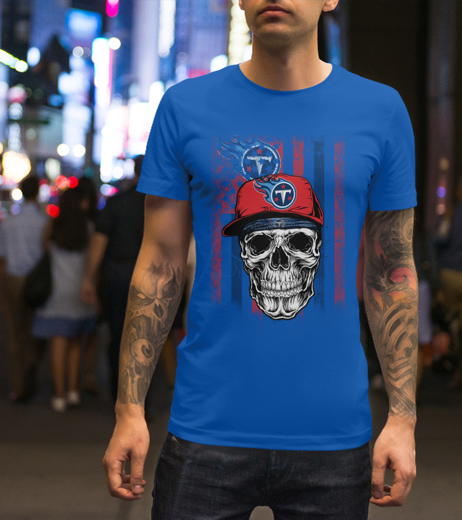Tennessee Titans Skull With Cap Logo And Stripes T-Shirt