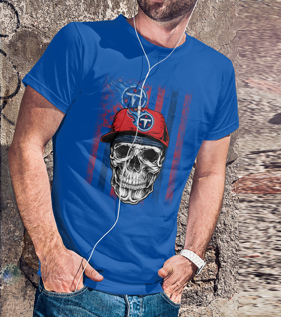 Tennessee Titans Skull With Cap Logo And Stripes T-Shirt