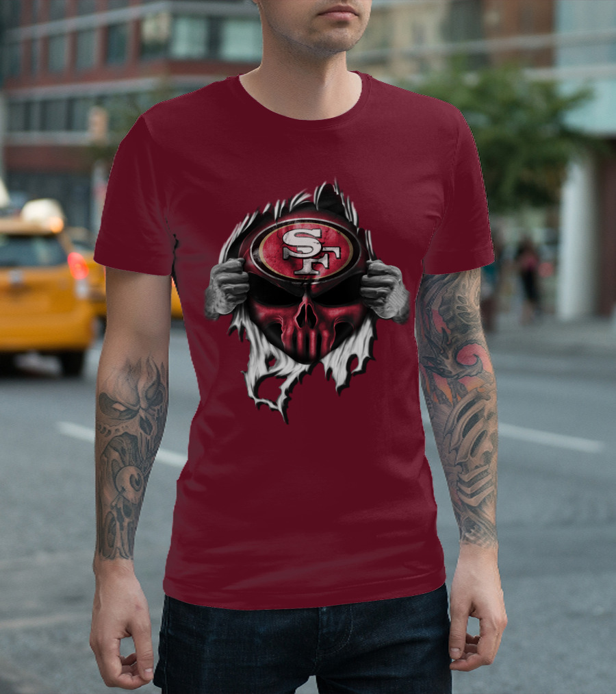 San Francisco 49ers Skull Sf Emblem Red Torn T-Shirt
