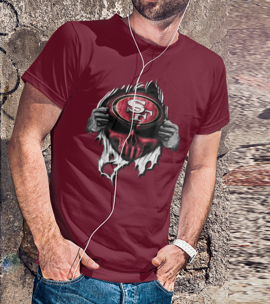 San Francisco 49ers Skull Sf Emblem Red Torn T-Shirt