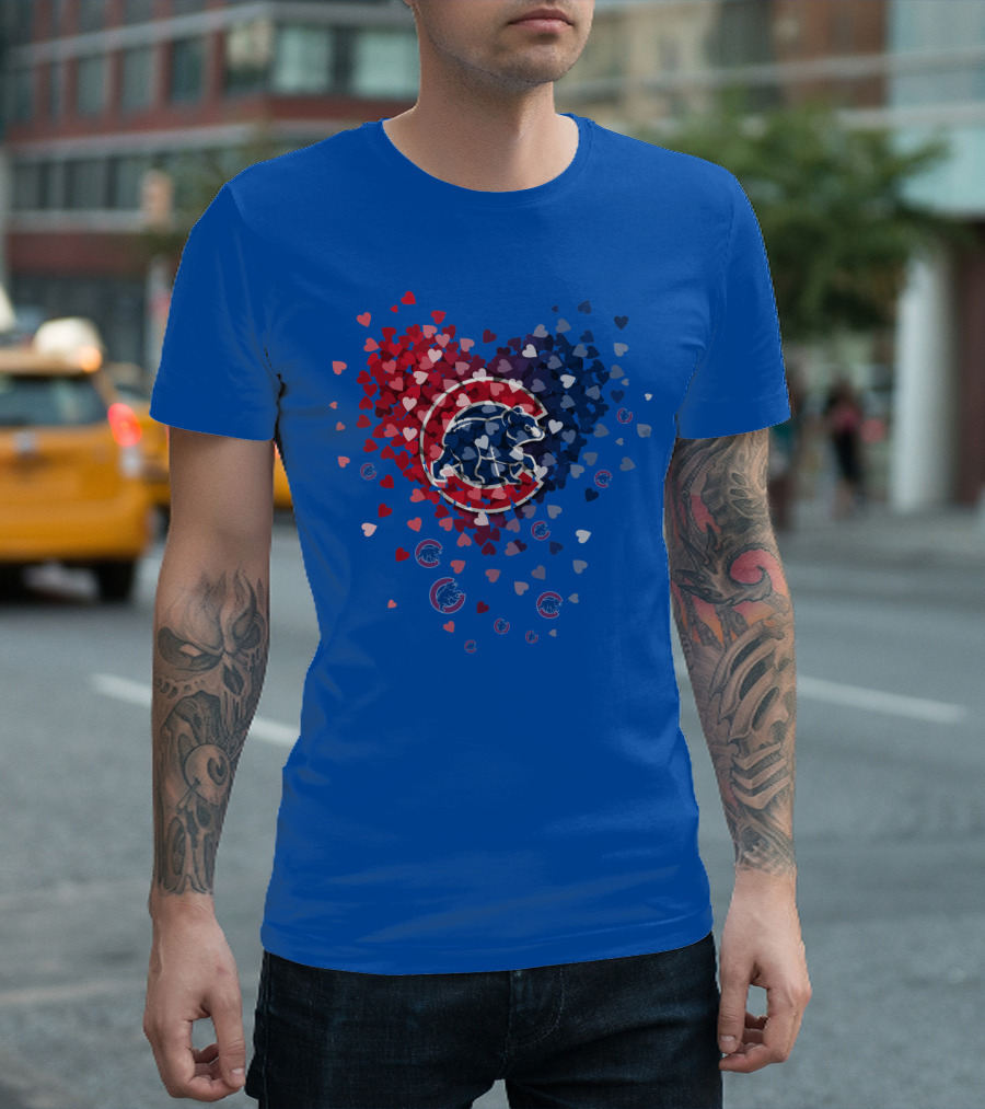 Chicago Cubs Heart Pattern With Bear Logo And Hearts In Red White And Blue T-Shirt