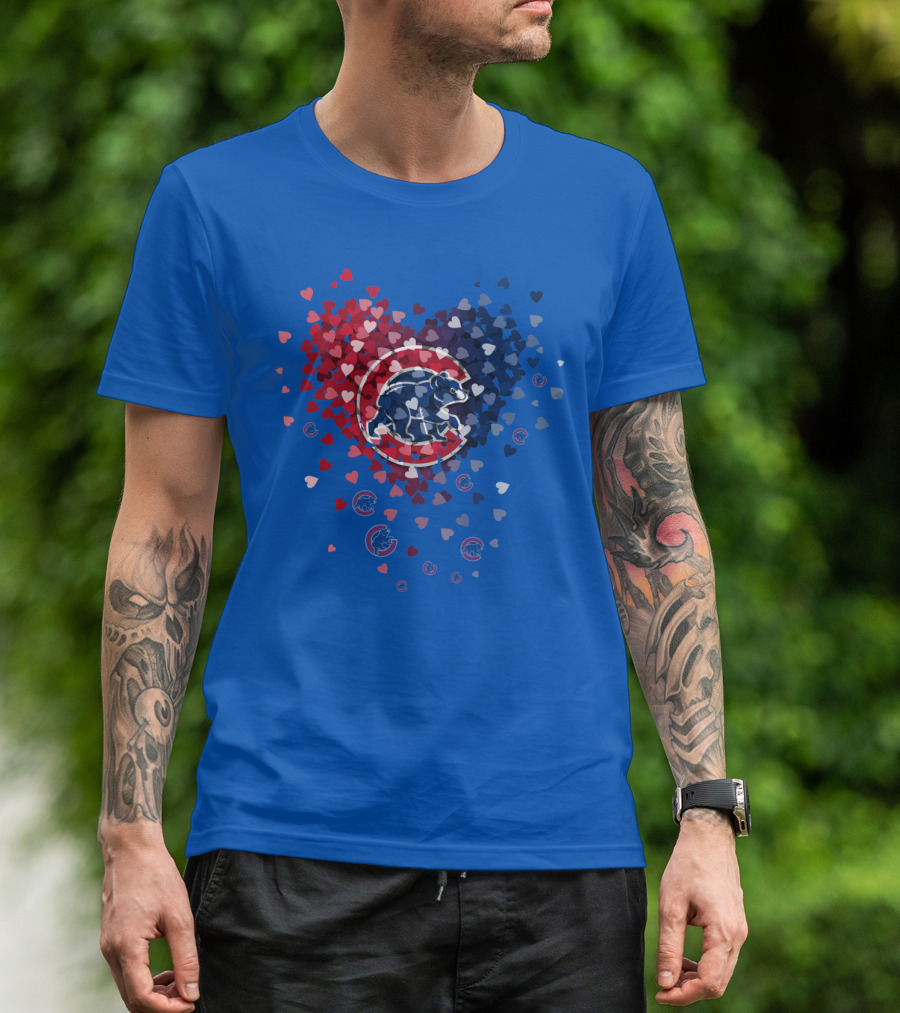 Chicago Cubs Heart Pattern With Bear Logo And Hearts In Red White And Blue T-Shirt