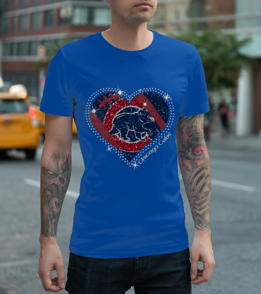 Chicago Cubs Heart Sparkle Football Bear T-Shirt