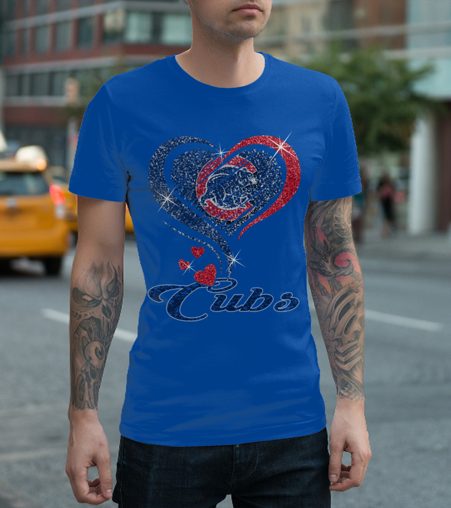 Cubs Sparkling Heart With Chicago Cubs Bear T-Shirt