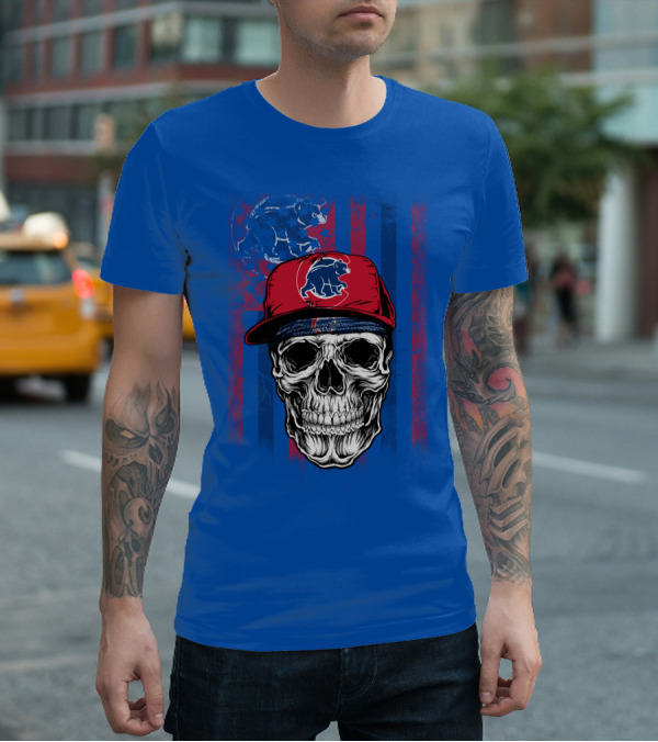 Chicago Cubs Skull With Bear And Cap On Blue T-Shirt