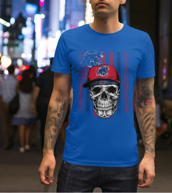 Chicago Cubs Skull With Bear And Cap On Blue T-Shirt