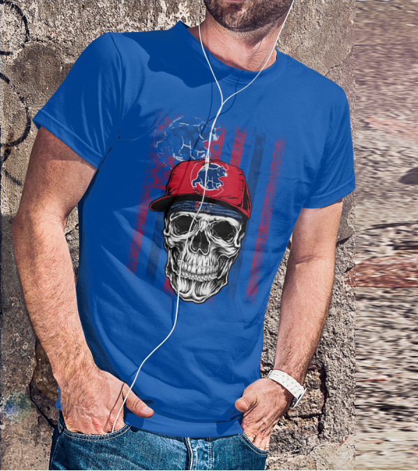 Chicago Cubs Skull With Bear And Cap On Blue T-Shirt