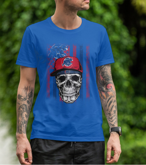 Chicago Cubs Skull With Bear And Cap On Blue T-Shirt