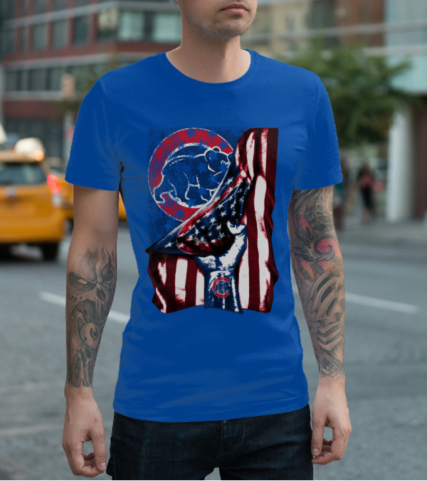 Chicago Cubs American Flag Bear Logo Fist T-Shirt