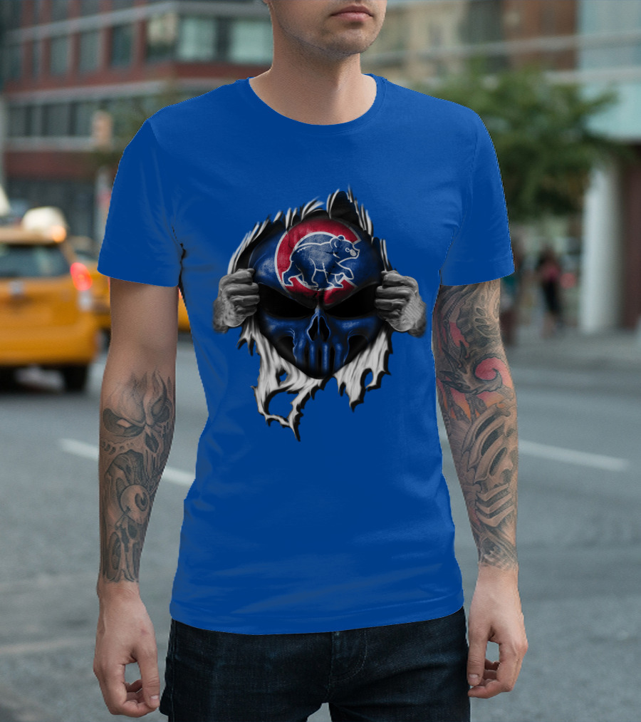 Chicago Cubs Skull Logo With Bear And Red Circle On Blue T-Shirt