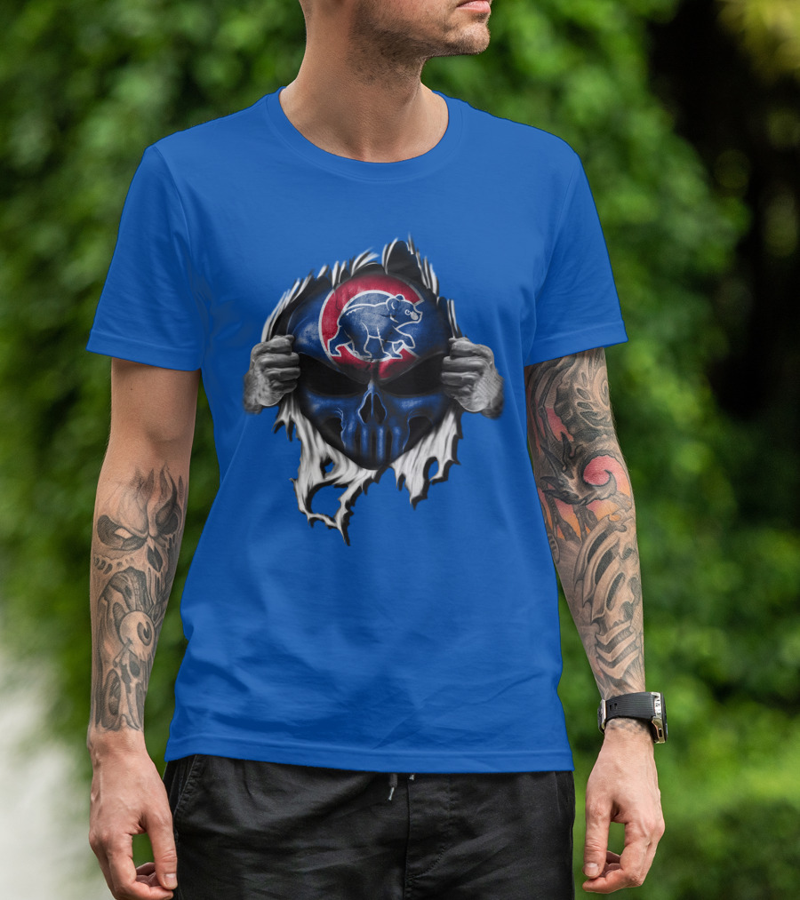 Chicago Cubs Skull Logo With Bear And Red Circle On Blue T-Shirt