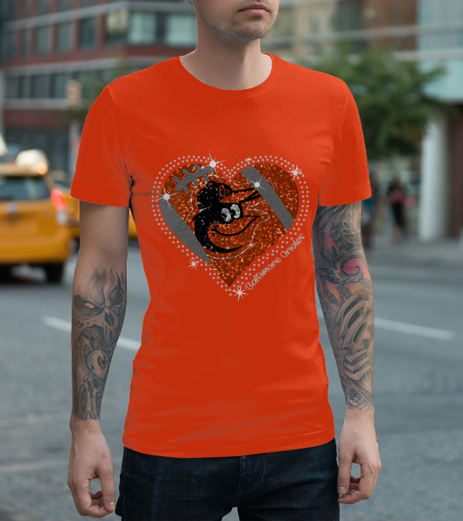 Baltimore Orioles Sparkling Heart And Baseball T-Shirt