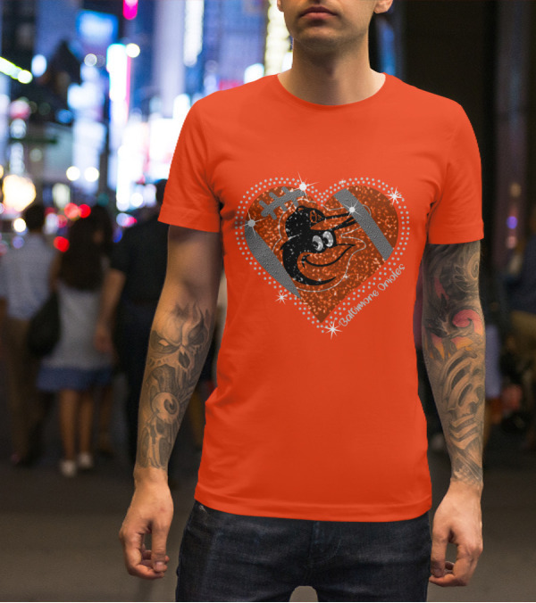 Baltimore Orioles Sparkling Heart And Baseball T-Shirt
