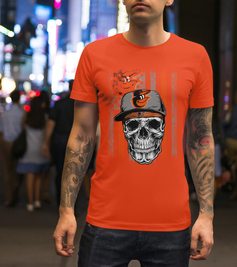 Baltimore Orioles Skull With Cap On Orange T-Shirt