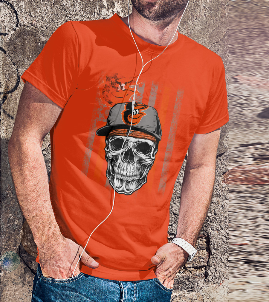Baltimore Orioles Skull With Cap On Orange T-Shirt